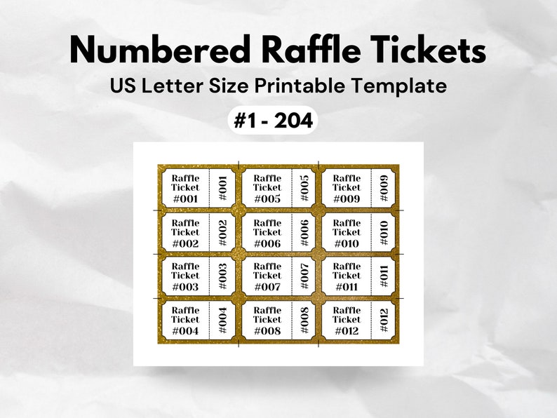 Gold Numbered Raffle Tickets Printable Enter to Win Gala Fundraiser