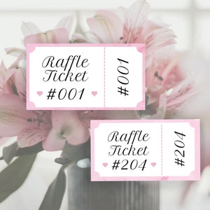 Pink Wedding Printable Numbered Raffle Tickets Door Prize Draw Entry Ticket Hearts Love Raffle Tickets with Numbers 1 to 204 Printable PDF