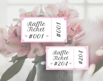 Pink Wedding Printable Numbered Raffle Tickets Door Prize Draw Entry Ticket Hearts Love Raffle Tickets with Numbers 1 to 204 Printable PDF