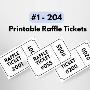 Printable Numbered Raffle Ticket Enter to Win Tickets with Numbers 1 to 204 Printable PDF Instant Download Numbered Tickets for Raffle Entry