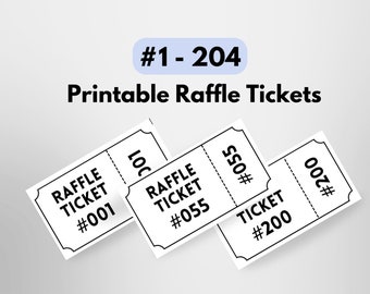 Printable Numbered Raffle Ticket Enter to Win Tickets with Numbers 1 to 204 Printable PDF Instant Download Numbered Tickets for Raffle Entry