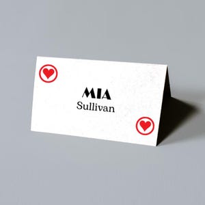 Plantilla editable de Canva para tarjeta de lugar de casino, etiqueta de comida, tarjeta con nombre de carpa, descarga instantánea, plantilla imprimible para tarjeta de mesa con forma de corazón, diamante, trébol y espada