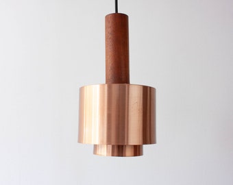 Vintage Copper and Teak Pendant Lamp, Denmark, 1960's