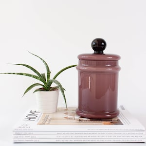 Puede incluir: Un tarro cilíndrico de color malva, con tapa a juego y pomo marrón oscuro. El tarro está colocado sobre una pila de revistas, con la palabra "HOME" visible. A la izquierda hay una pequeña planta en maceta con hojas largas y verdes.