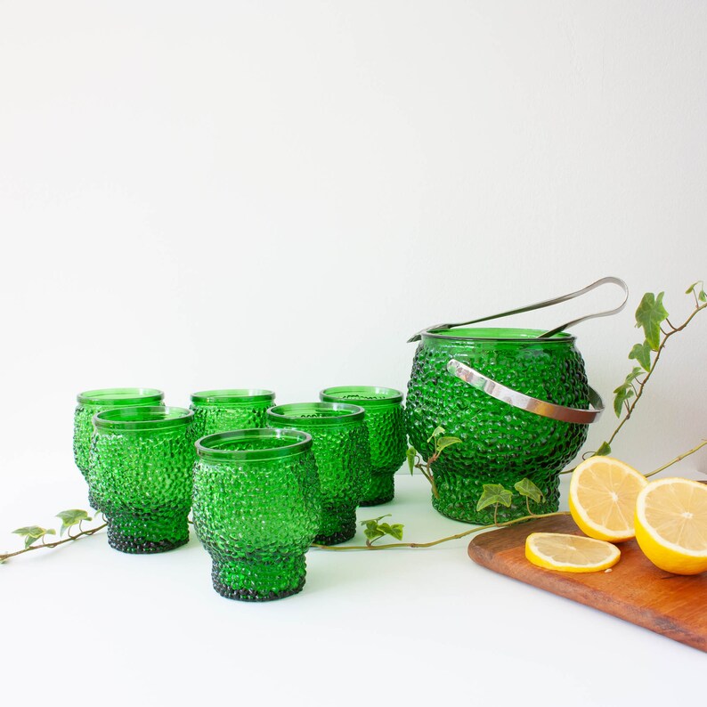 Vintage Green Set of 6 Cocktail Bubble Glasses, Ice Bucket and Ice ...
