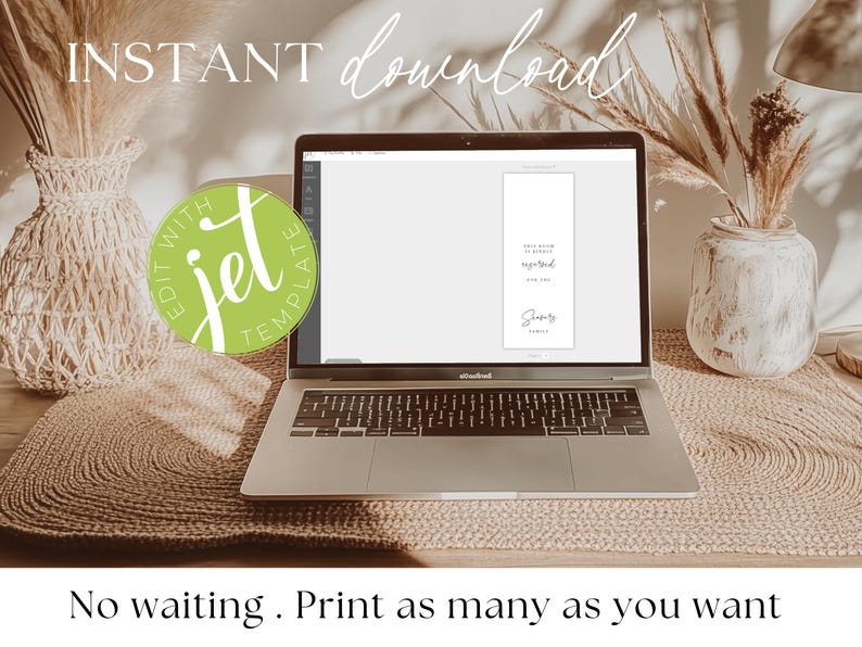 May include: A laptop displaying a digital template with the text "Your words are requested for you". The image includes the words "Instant Download" and "Edit with Jet Template". The laptop sits on a woven mat with decorative vases in the background.