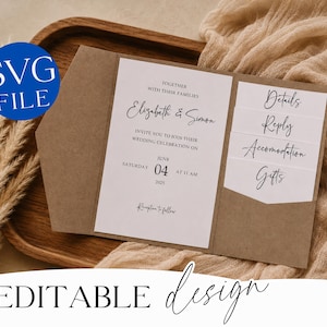 May include: A brown kraft paper wedding invitation suite featuring a main card with the text Elizabeth & Simon, Saturday June 04 2025, and four smaller insert cards labeled Details, Reply, Accommodation, and Gifts, all with black text.