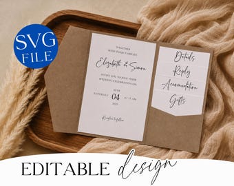 Pode incluir: Um conjunto de convites de casamento em papel kraft castanho com um cartão principal com o texto Elizabeth & Simon, Saturday June 04 2025, e quatro cartões de inserção mais pequenos com as etiquetas Details, Reply, Accommodation e Gifts.