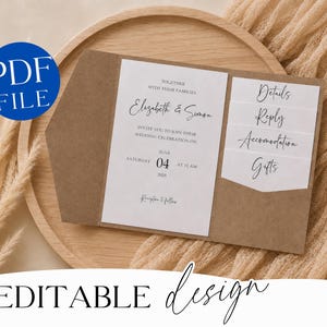 May include: A brown kraft paper wedding invitation suite featuring a white main card with black text reading Elizabeth & Simon, Saturday June 04 2025, and four smaller white insert cards labelled Details, Reply, Accommodation, and Gifts.