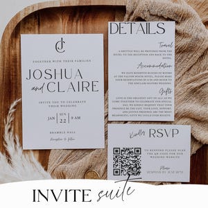 Printable Wedding Invitation with QR Code Minimalist Invite Suite Minimal Simple Editable Template -Jennifer