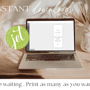 May include: A laptop displays a wedding-themed template with the text "Mother of the Bride." The words "Instant Download" are at the top. A green circle with "Edit with Jet Template" is on the screen. The laptop sits on a woven mat.