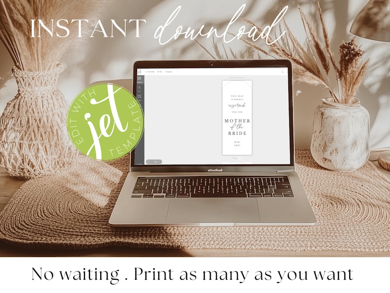 May include: A laptop displays a wedding-themed template with the text "Mother of the Bride." The words "Instant Download" are at the top. A green circle with "Edit with Jet Template" is on the screen. The laptop sits on a woven mat.
