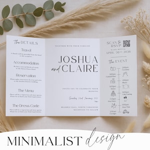 Szablon zaproszenia ślubnego „wszystko w jednym” Edytowalny, składany na trzy części Canva Rustykalny, boho, minimalistyczny ślub, kod QR, nowoczesne RSVP