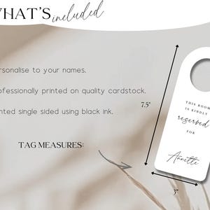 May include: A white door hanger with a curved top and a hole. The text "THIS ROOM IS KINDLY reserved FOR Annette" is printed in black. The tag measures 7.5 inches long and 3 inches wide.