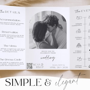 May include: A tri-fold wedding invitation with a black and white photo of a couple. The invitation includes details about the event, such as the ceremony, dinner, and party time. The invitation also includes a QR code to RSVP.