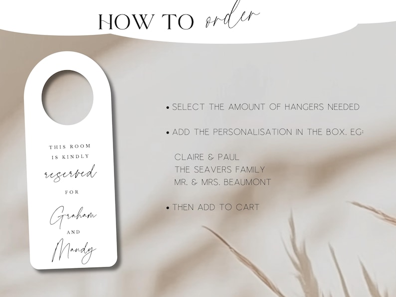 May include: A white door hanger with a circular hole at the top, featuring the text "THIS ROOM IS KINDLY reserved FOR Graham AND Mandy." Instructions on how to order are also included.