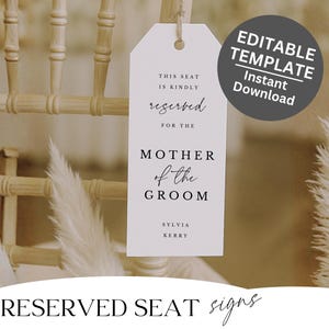 Printable Reserved Seating Tag Template Personalised Wedding Chair Sign Minimalist Design