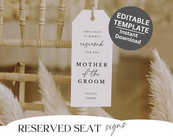 Printable Reserved Seating Tag Template Personalised Wedding Chair Sign Minimalist Design