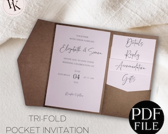 Invitación de boda con bolsillo, Invitación de boda tríptico, Plantilla de bolsillo DIY, Invitación de boda imprimible, Invitación de boda con bolsillo, PDF
