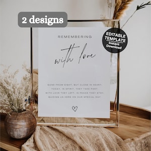 May include: A clear glass frame with a white sign that reads "Remembering with love." The sign includes a poem and a heart symbol. A sticker on the frame says "Editable Template Instant Download." The background includes a wooden table and decorative plants.