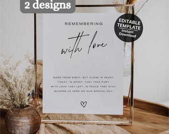 May include: A clear glass frame with a white sign that reads "Remembering with love." The sign includes a poem and a heart symbol. A sticker on the frame says "Editable Template Instant Download." The background includes a wooden table and decorative plants.