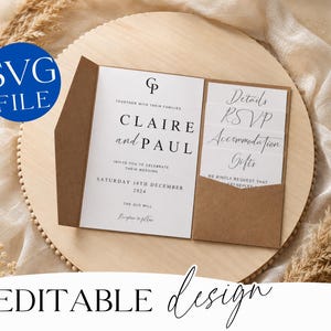 Puede incluir: Una carpeta de invitación de boda de papel kraft marrón que contiene una tarjeta principal blanca con el texto Claire and Paul, Saturday 16th December 2024 y The Old Mill, junto a tarjetas blancas más pequeñas etiquetadas como Details, RSVP, Accommodation y Gifts.