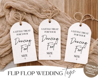 Etiquetas imprimibles para chanclas de boda. Un capricho para tus pies bailarines. Etiquetas de tanga para una boda minimalista. Etiquetas imprimibles para chanclas.