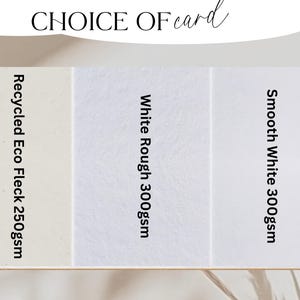 May include: Image showing three cardstock options: Recycled Eco Fleck 250gsm, White Rough 300gsm, and Smooth White 300gsm. The text "CHOICE OF card" is at the top. The cards are arranged vertically.