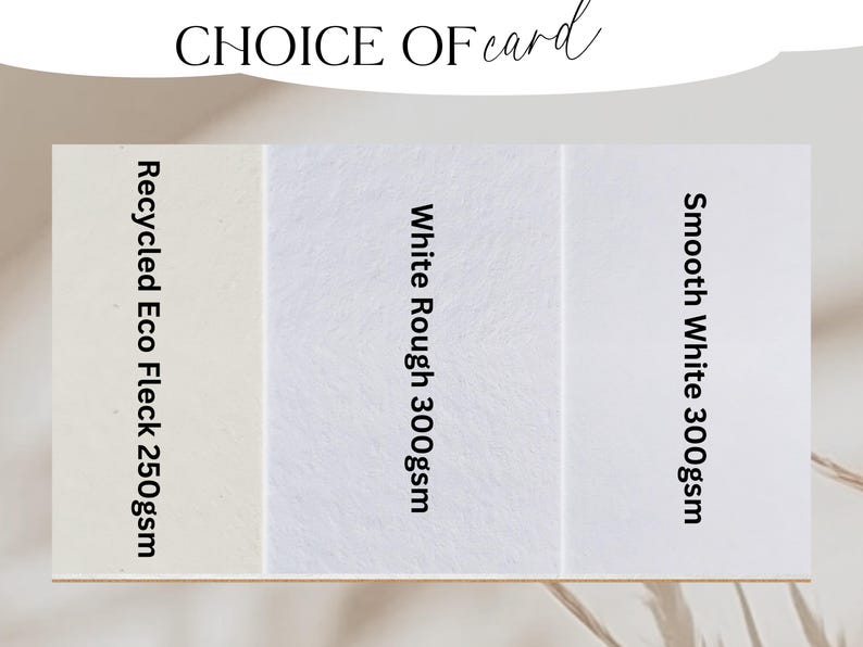 May include: Image showing three cardstock options: Recycled Eco Fleck 250gsm, White Rough 300gsm, and Smooth White 300gsm. The text "CHOICE OF card" is at the top. The cards are arranged vertically.