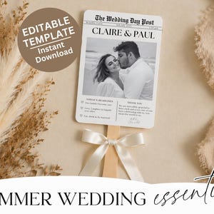 Wedding Newspaper Fan Template, Paddle Program Vintage Editable Canva Order of Service Printable Digital Download Summer Keepsake