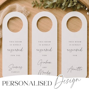 May include: Three white door hangers with a rounded top and a hole for the doorknob. Each hanger has the text "THIS ROOM IS KINDLY reserved FOR" followed by a name. The bottom of the image reads "PERSONALISED Design".
