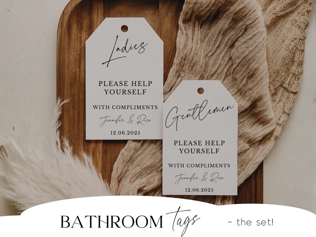 Toileties Sign Wedding Restroom Hamper Sign Minimalist Tag for Bathroom Basket ...