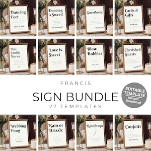 May include: A set of 27 printable wedding sign templates in a gold frame with white backgrounds and black text. The signs include phrases like "Dancing Feet", "Love is Sweet", "Wedding Pong", and "Rain or Drizzle".