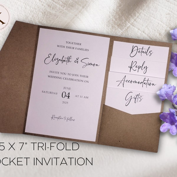 5x7" Trifold Wedding Invitation Pocket Template Wedding Invitation SVG Pocketfold Invitation Laser Cut SVG Cut File Pocketfold Invitation