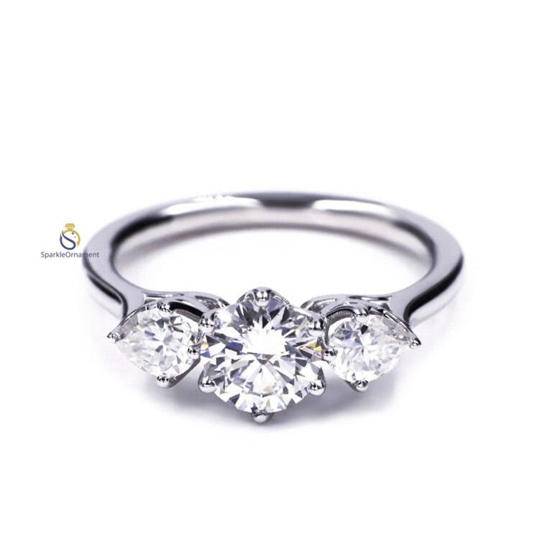 Round Cut Lab Grown Diamond Three Stone Engagement Ring, Three Stone ...