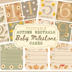 Neutrale herfst bos boho baby mijlpaalkaarten kinderkamer afdrukbaar oktober november