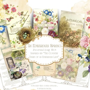 Op de afbeelding: Een digitale printbare journal-kit geïnspireerd door "The Country Diary of an Edwardian Lady". De kit bevat drie zakformaat-coveropties met bloemillustraties en de tekst "Nature Notes" en "Botanical Nature Notes". De kit bevat ook vier binnenpagina's met tekst en illustraties.