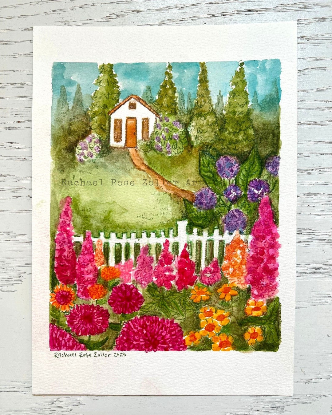 Print of Cottage Garden Watercolor Painting - Etsy