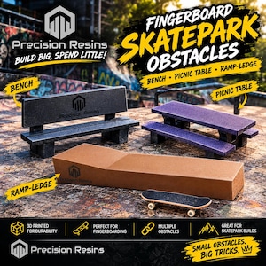 May include: A set of fingerboard skatepark obstacles including a grey bench, a purple picnic table, and a tan ramp-ledge, accompanied by a small fingerboard. The text reads Precision Resins, Fingerboard Skatepark Obstacles, and Small Obstacles Big Tricks.