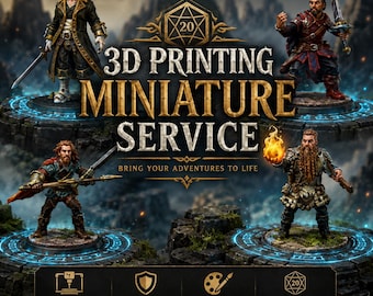 May include: A 3D printing miniature service advertisement featuring four fantasy character figurines on glowing circular platforms. Text includes 3D PRINTING MINIATURE SERVICE, BRING YOUR ADVENTURES TO LIFE, HIGH QUALITY PRINTS, TABLETOP READY, DETAILED & PRECISE, MADE FOR YOUR CAMPAIGNS, CUSTOM PRINTS, FAST TURNAROUND, GREAT QUALITY.
