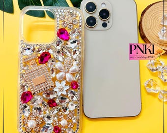 Bling Glitter Crystal Phone Case for iPhone 7+ 8+ Xs XR XsMax 11 12 13 14 15 16 Pro Max Case, Flowers Luxury Crystal Rhinestone Case DIY