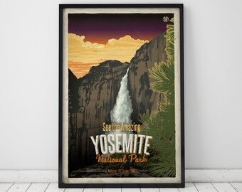 Plakat z Parkiem Narodowym Yosemite, Wodospad, Parki Narodowe, Sztuka, Dekoracja ścienna, Sztuka ścienna, Druk artystyczny, Plakat w stylu vintage, Plakat podróżniczy w stylu vintage