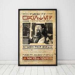 Puede incluir: Póster enmarcado de estilo vintage con un personaje de una película de ciencia ficción. El póster tiene un aspecto envejecido con texto en un idioma alienígena y una imagen central de un personaje con máscara y sable de luz.