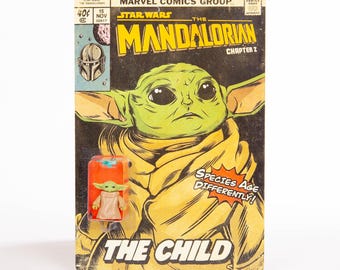 Grogu (The Child) Retro Collection Action Figure (W/Frog)– Custom Comic Book Cover - Mandalorian TV Series