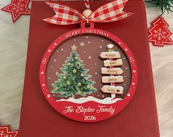 Personalisierter Weihnachtsbaumschmuck mit Familiennamen, individuell gestalteter Weihnachtsbaumschmuck, gravierter Schmuck, Weihnachtserinnerung