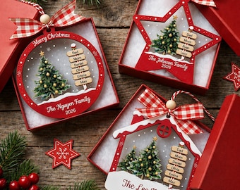 Personalized Family Name Christmas Ornament, Custom 3D Layered Wood Star House Ornament, Rustic Holiday Tree Decor Gift