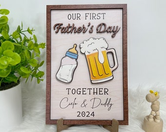 Personalizado nuestro primer letrero del Día del Padre, regalo del Día del Padre, letrero de madera del Día del Padre, primer regalo del Día del Padre del bebé, madera grabada