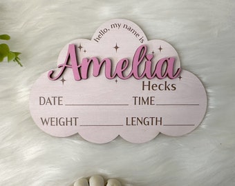 Personalized Baby Name Sign, Announcement Hello My Name Sign, Custom 3D Wood Baby Birth Sign Stats Engraved Hospital Baby Name Sign Newborn
