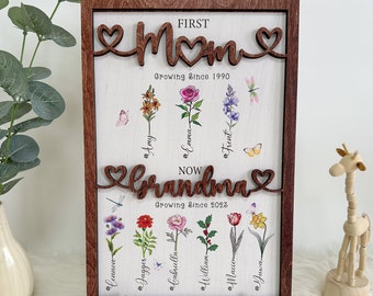 誕生月のお花をパーソナライズした母の日ギフト、おばあちゃんの庭のカスタム木製看板、お母さんへのプレゼント、おばあちゃんへのプレゼント、母の日ギフト