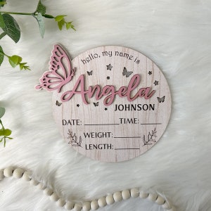 Personalized Baby Announcement Sign with Birth Stats, Birth Stat Sign With Butterfly, Name Reveal, Hello My Name Is Sign, Sign For Hospital